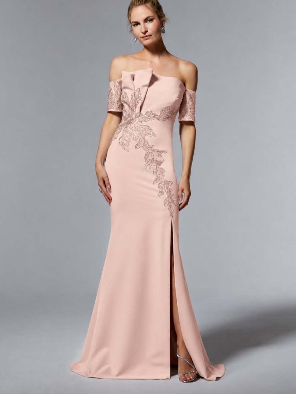 MGNY Blush Embellished Off The Shoulder Gown Sleeve Beaded Floral Applique